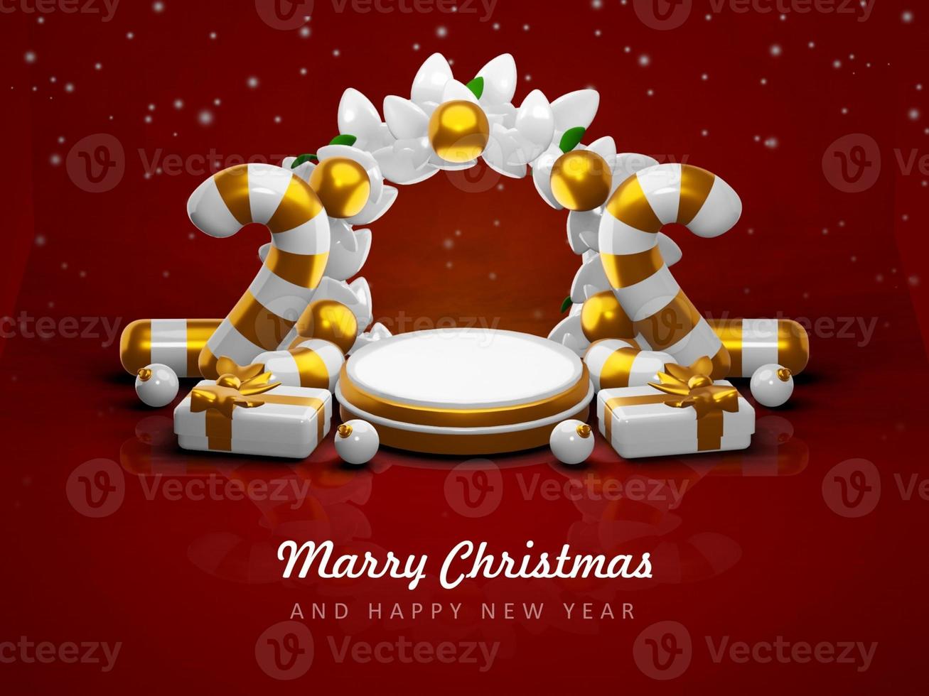 Merry christmas and happy new year with 3d empty podium and christmas ornaments background photo