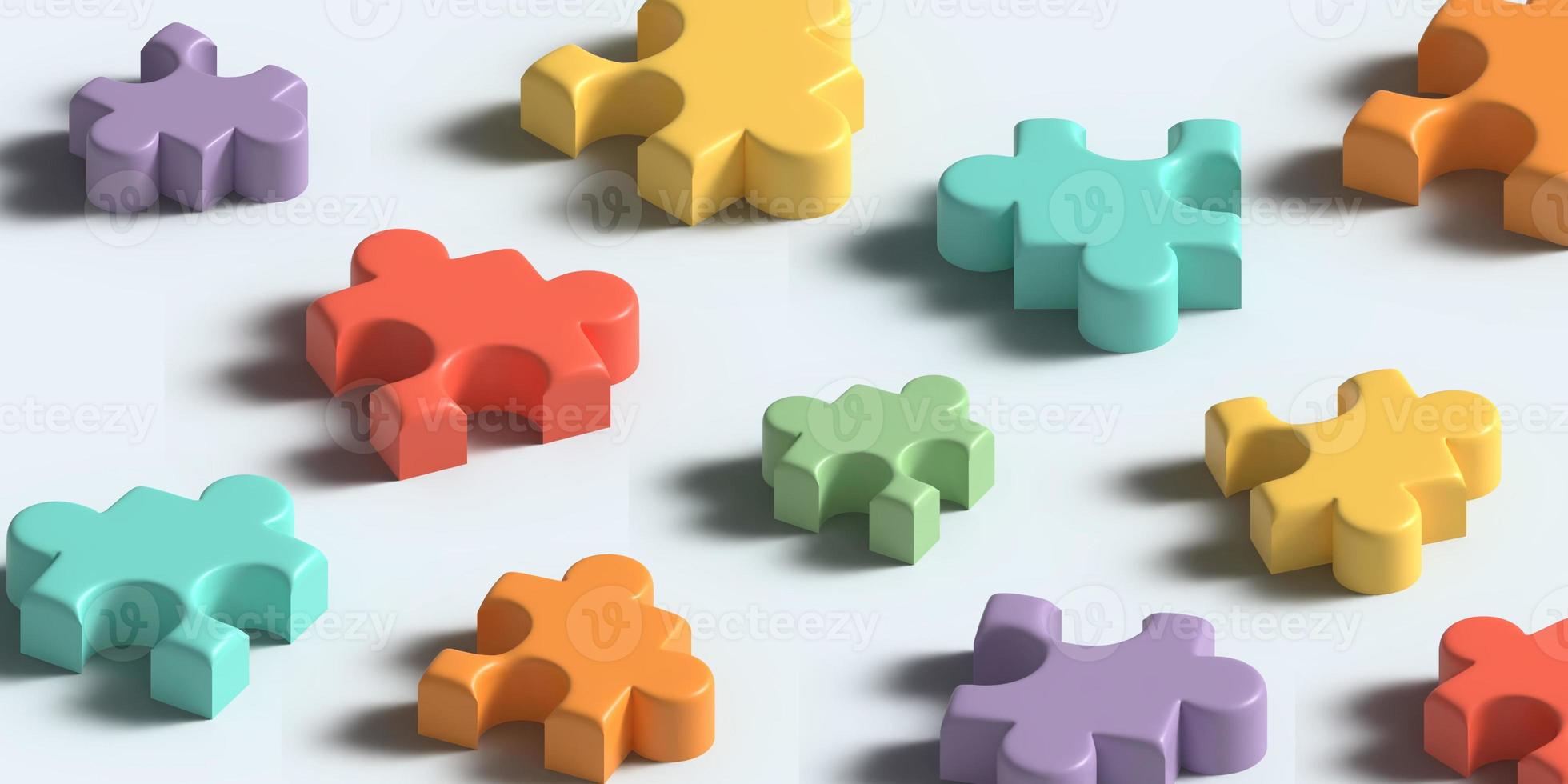 Random rainbow colors jigsaw puzzle pieces. 3d illustration. Concept of teamwork. Trendy colorful abstract horizontal background. Digital banner template for poster, brochure, presentation, website photo
