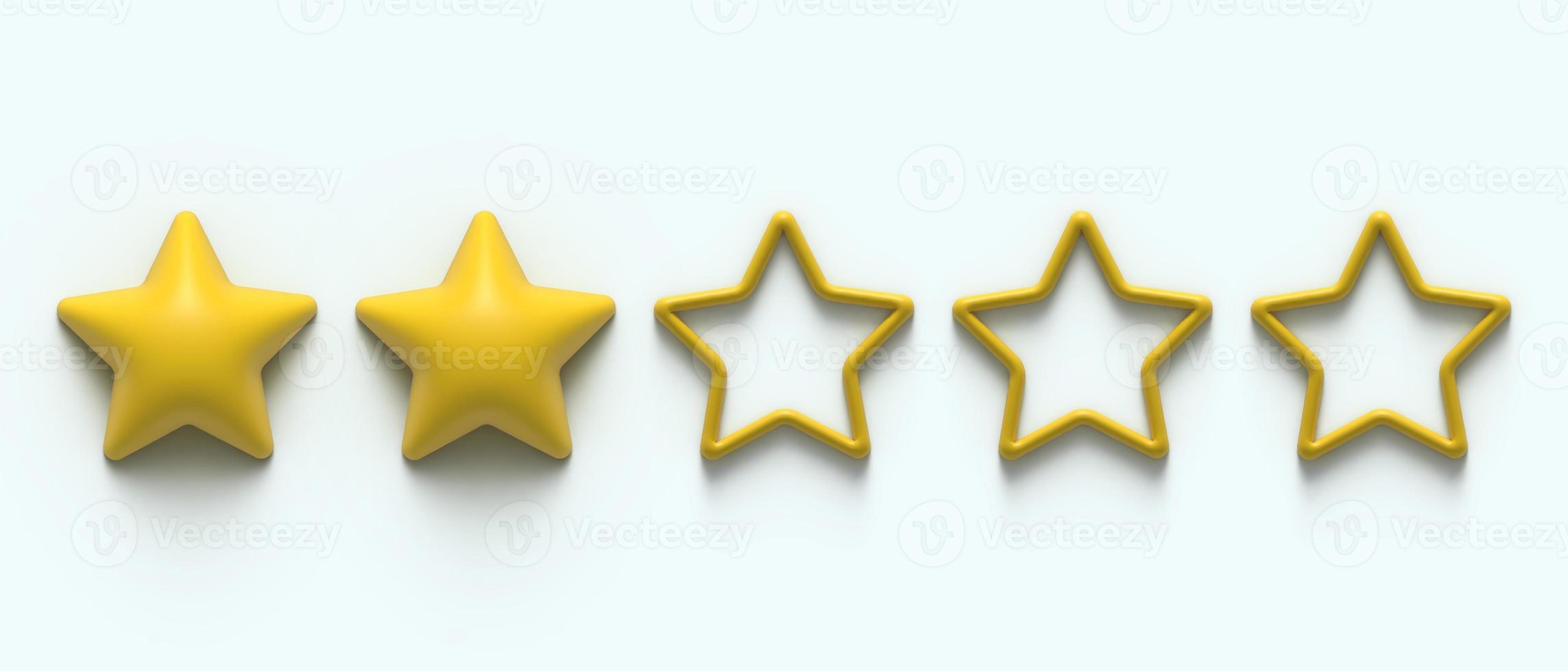 Two gold stars from five. Five 5 star rank sign. Ranking system. 3d ranger glossy golden stars sticker icon rating isolated on background. Service rating, achievement, review symbol. Classification photo