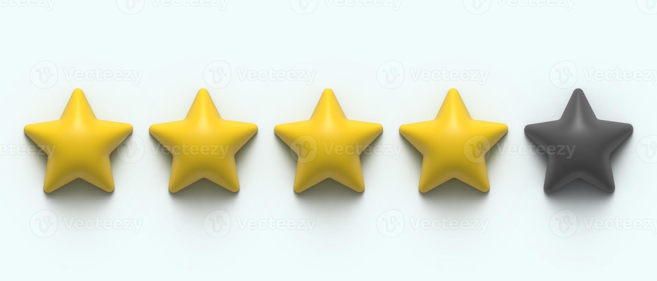 Glossy yellow 3d four star rating. 3D render image. 4 stars of 5. Golden star shape. Quality of service measurement. Ranking system, review symbol. Classification and statistics. Rate button symbol photo