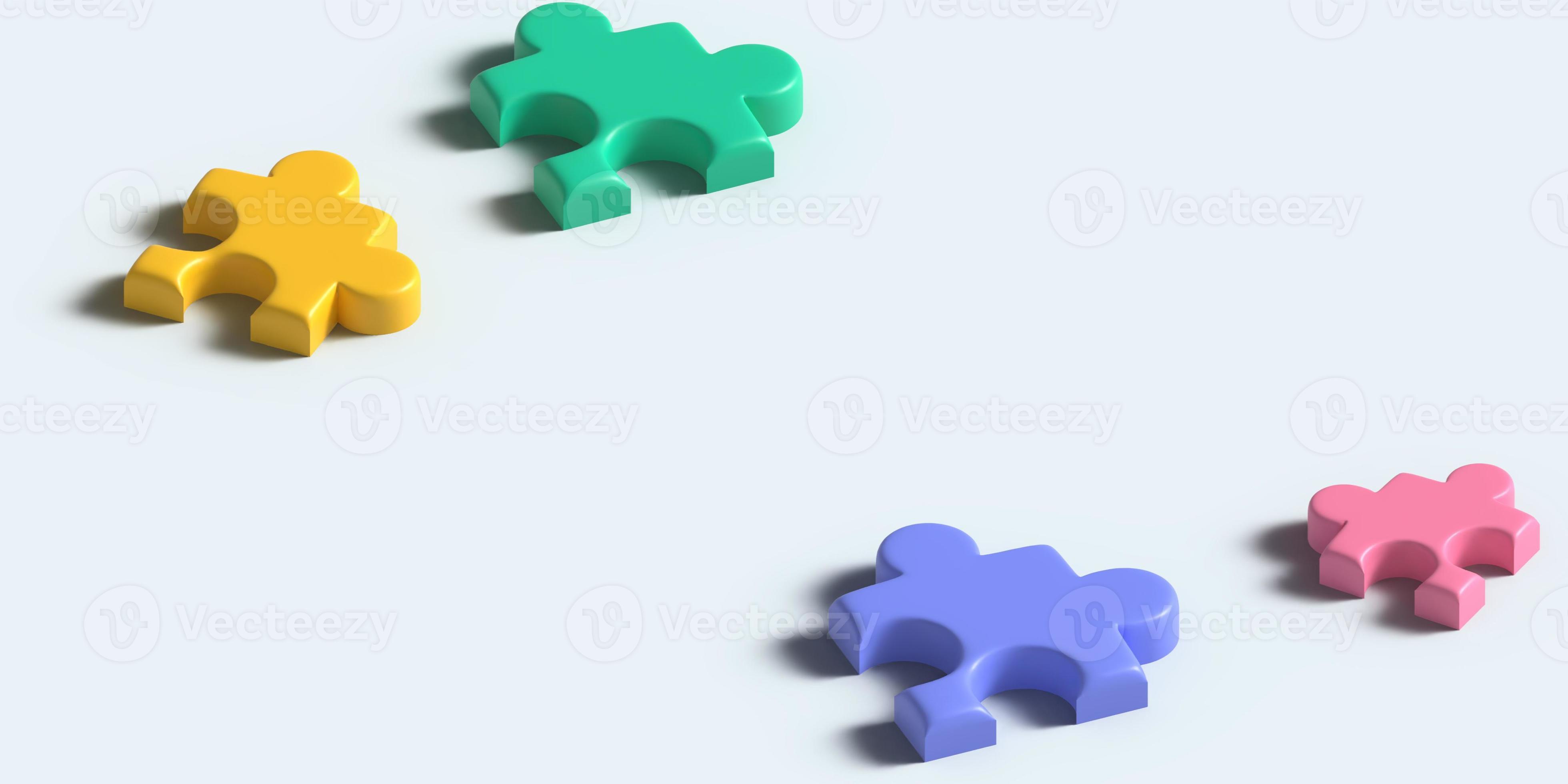 Scattered blank puzzles with white background, 3d rendering. Stock