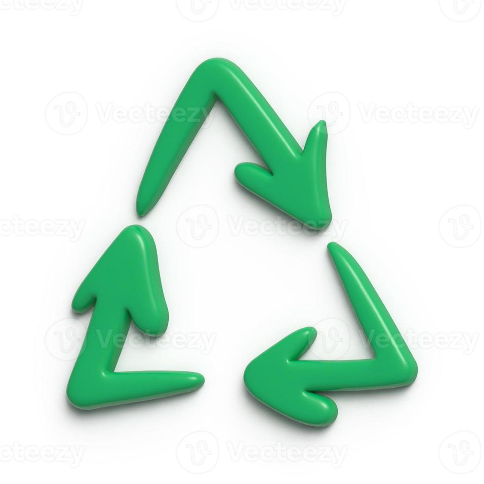 Green 3d recycling symbol. Ecology icon template. Eco-friendly concept. Biodegradable waste logo, reuse arrow. Eco-mark isolated vector illustration. Waste reduce. Zero waste lifestyle. 3d rendering photo