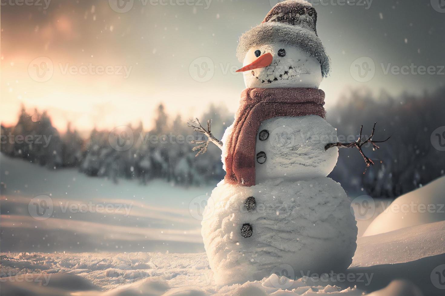 Snowman standing in Winter Christmas landscape. Snow background with free space for text photo