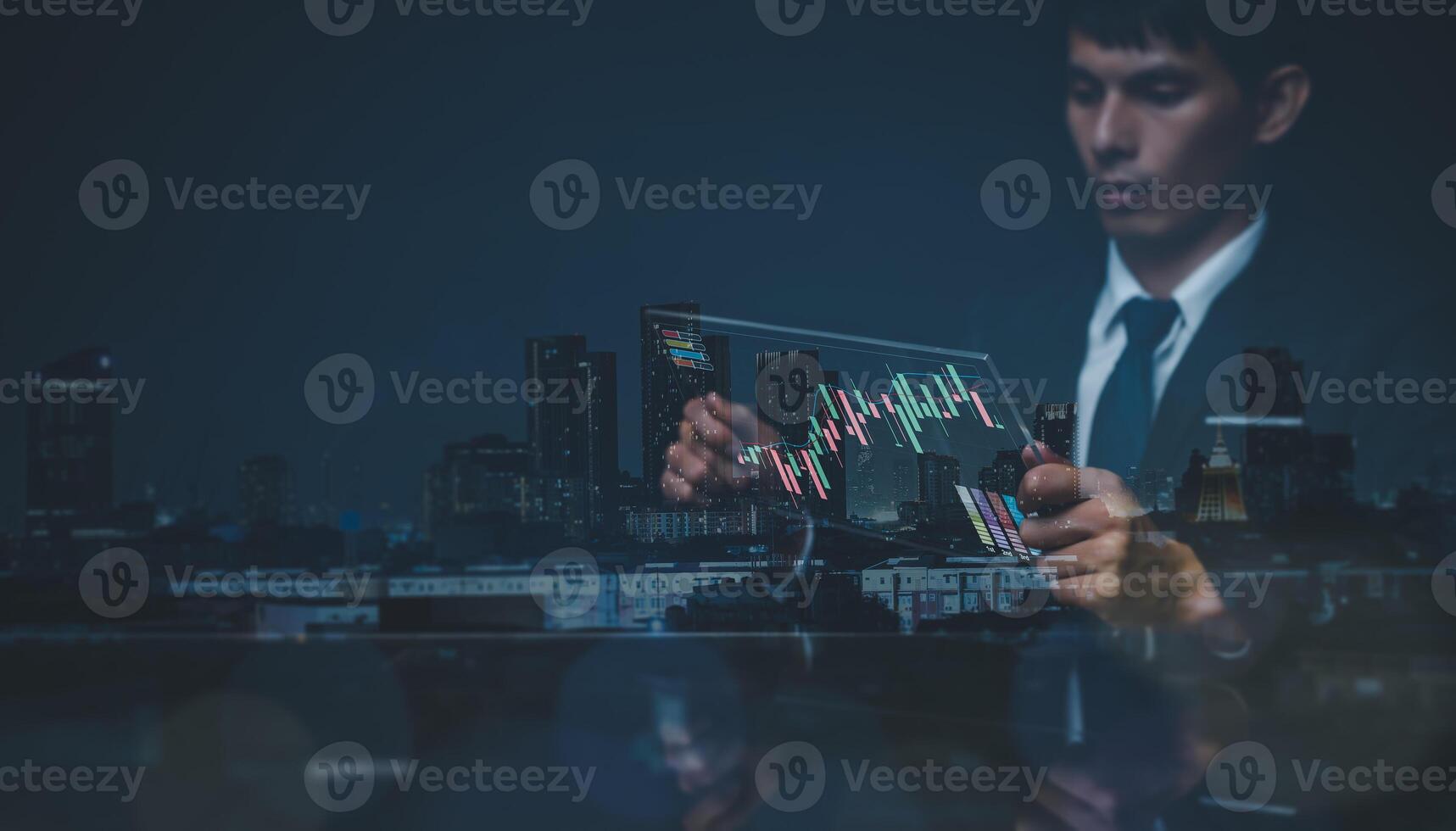 Currency exchange, money transfer, FinTech financial technology, World economy report. Man using mobile phone with forex trading graph, stock market report photo