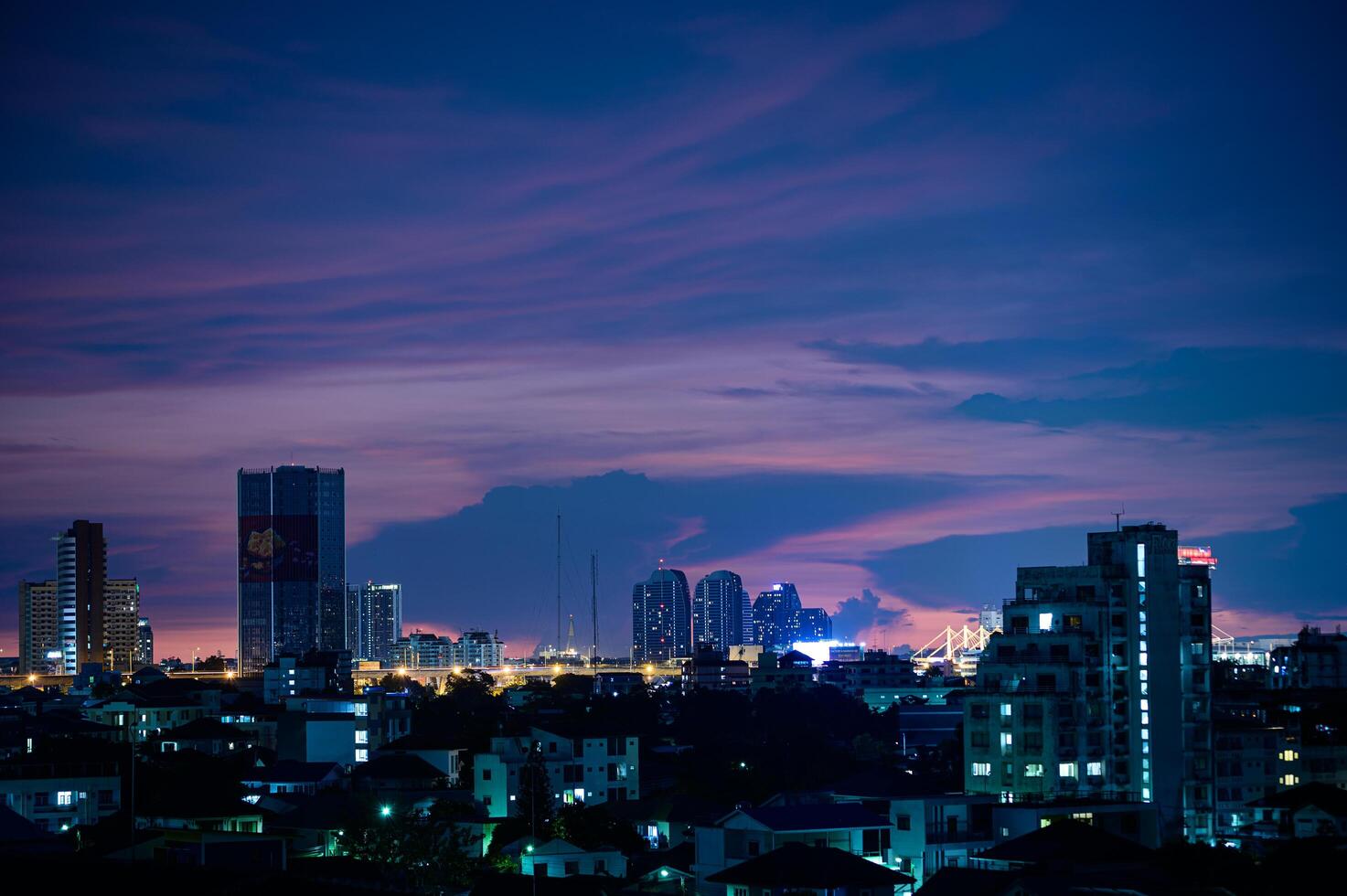 A city skyline at dusk photo