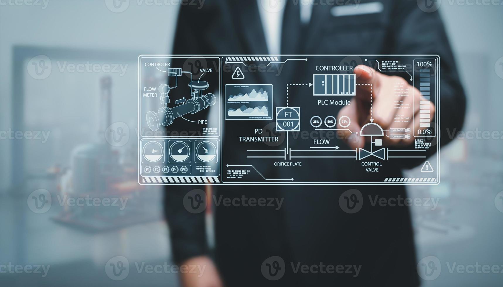 Piping and instrument diagram System control staff Engineers are inspecting manufacturing processes working in industry holographic screens showing various piping and control systems within the plant photo