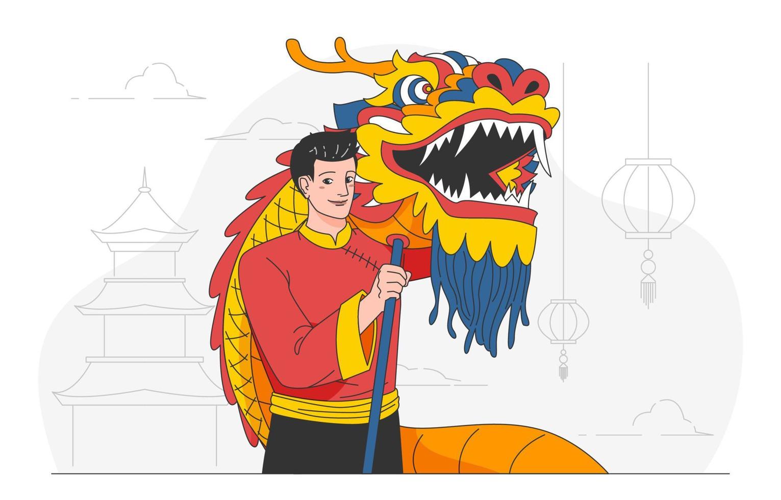 Young Man Preparing Dragon Dance for Chinese New Year Performance vector