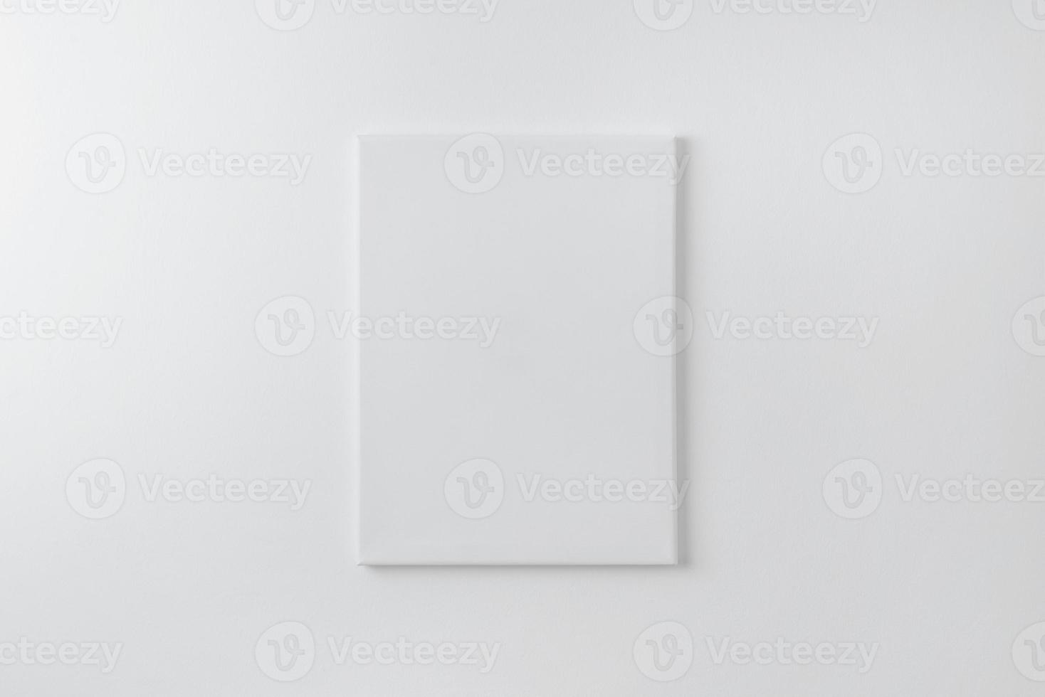 Blank vertical art canvas on wall. Clean surface for mockup, art presentation. Soft light on white wall photo