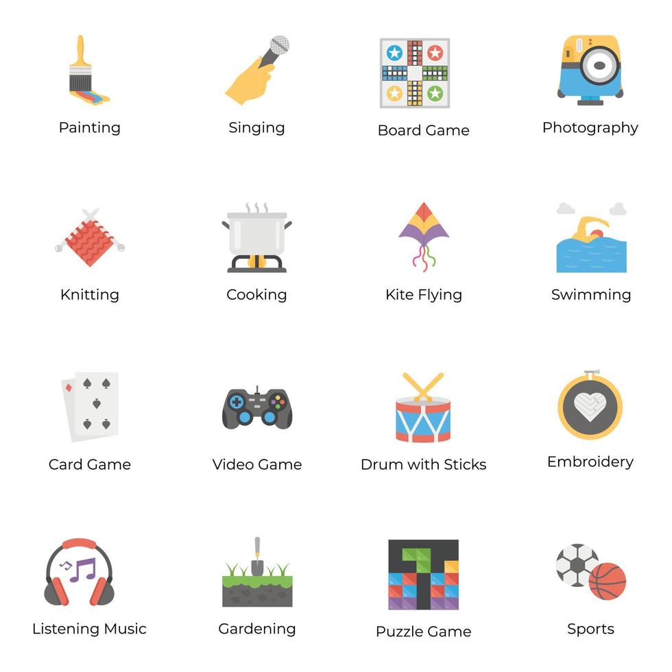 paquete de iconos planos de pasatiempos e intereses vector