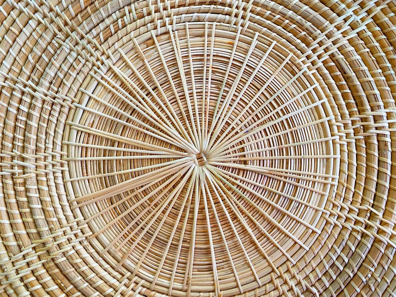 Round braided natural straw table mat texture as a background. Full frame of tightly woven straw pattern.with space for text, for a background. photo