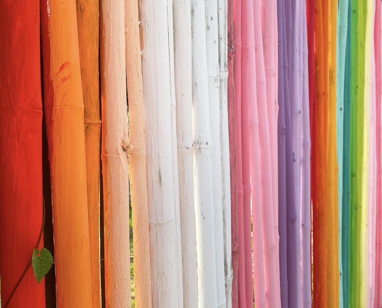 Rainbow Bamboo Wall In the bright concept of a long segmented bamboo wall painted in multi-colored Use it as a background or backdrop. photo