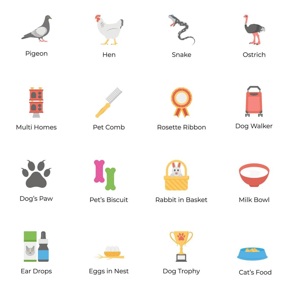 paquete de iconos planos de mascotas vector