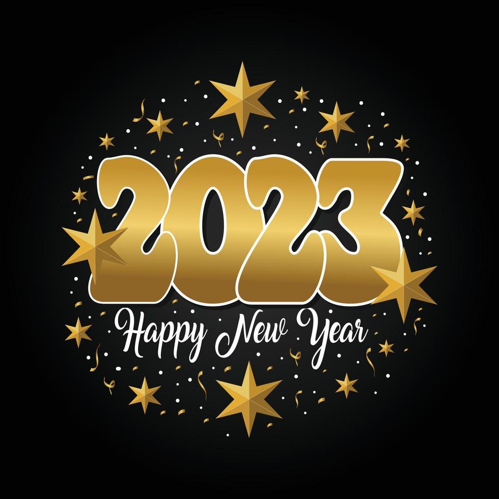 Happy new year 2023 with festive. Lettering Composition With Stars And Sparkles. Vector Illustration. dark background. holyday decorative elements. congratulation