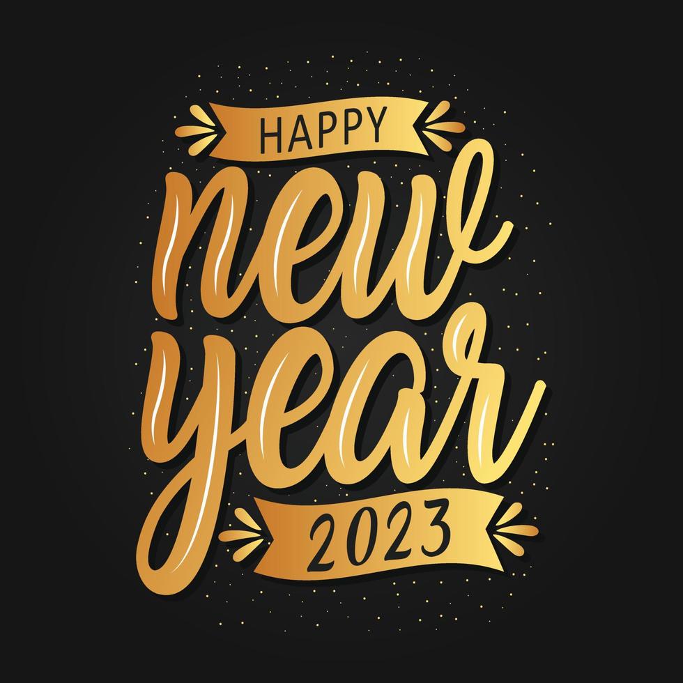 feliz año nuevo 2023 con festivo. composición de letras con estrellas y destellos. ilustración vectorial fondo oscuro elementos decorativos de vacaciones. felicidades vector