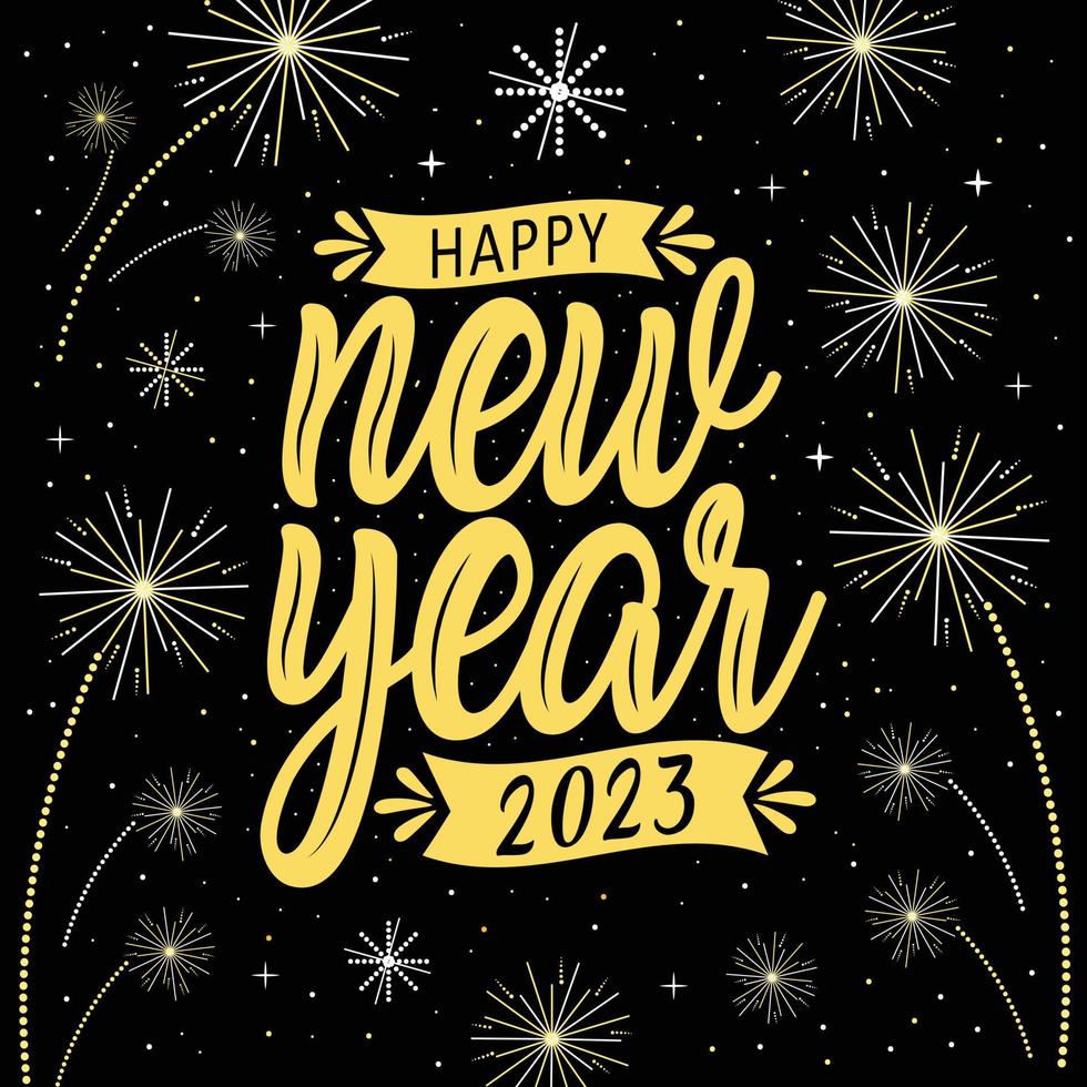 Happy new year 2023 with festive. Lettering Composition With Stars And Sparkles. Vector Illustration. dark background. holyday decorative elements. congratulation