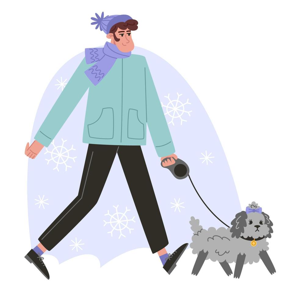 Young man walking with a small curly dog in winter vector