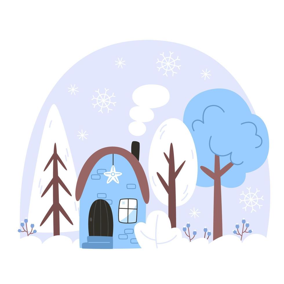 paisaje invernal con una casa en un bosque nevado vector