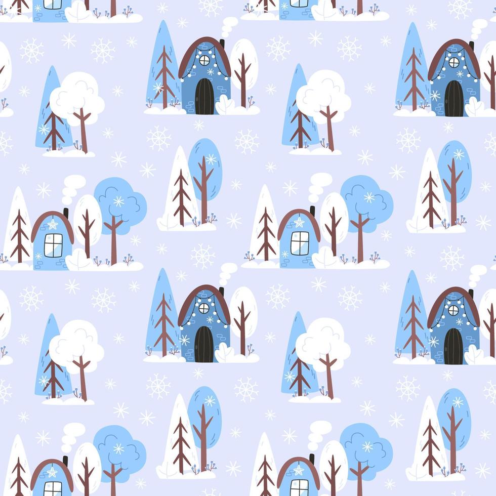 Seamless winter pattern with snow houses and trees in flat style vector