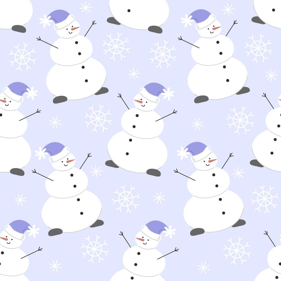 Seamless pattern with snowman and snowflakes on blue background, vector illustration in flat style