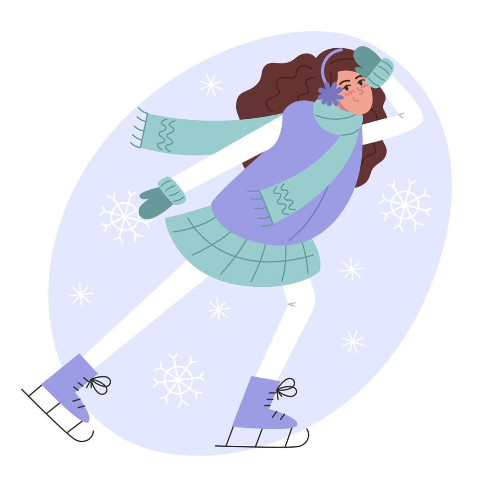 Young woman skating in winter, flat style illustration vector