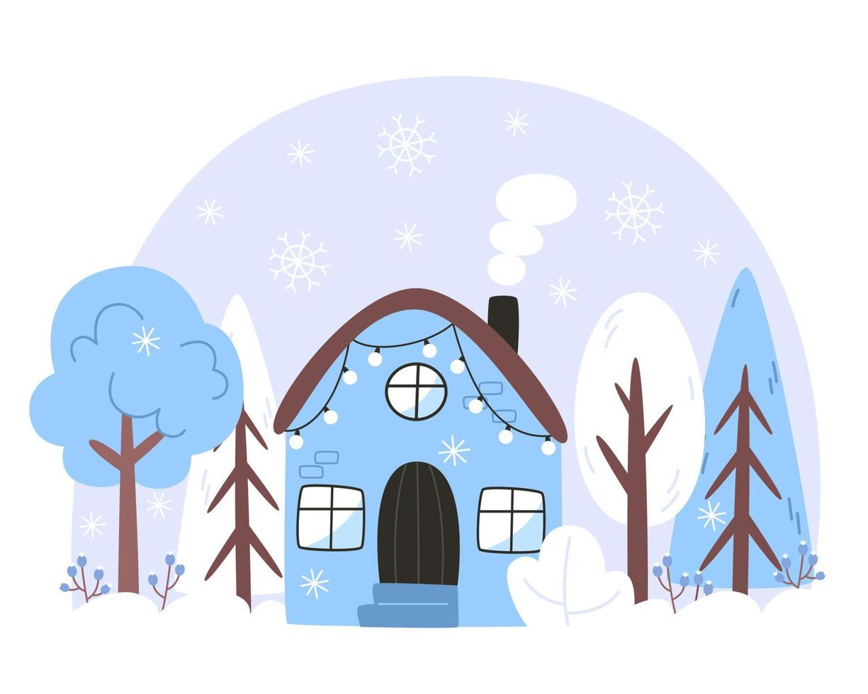 paisaje invernal con una casa en un bosque nevado vector