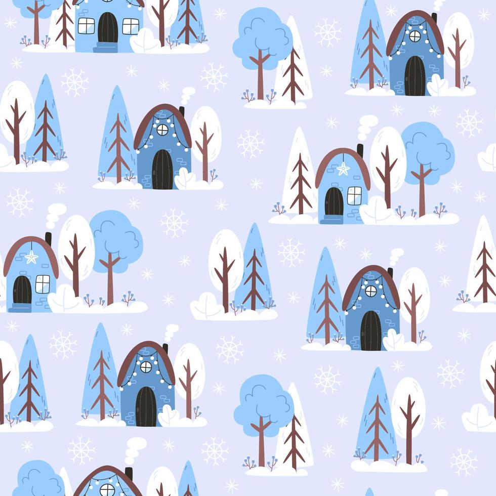 Seamless winter pattern with snow houses and trees in flat style vector
