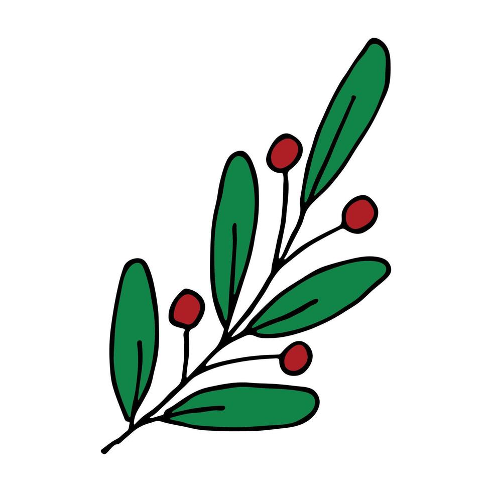 Hand drawn branch with berries and leaves. Christmas doodle. Winter clipart. Single design element vector