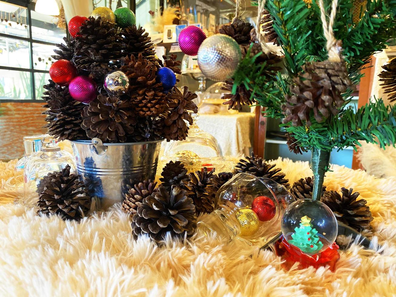 Christmas and New Year background consisting of pine trees, snowmen, gift boxes, used for graphics, designs, with space for text. photo