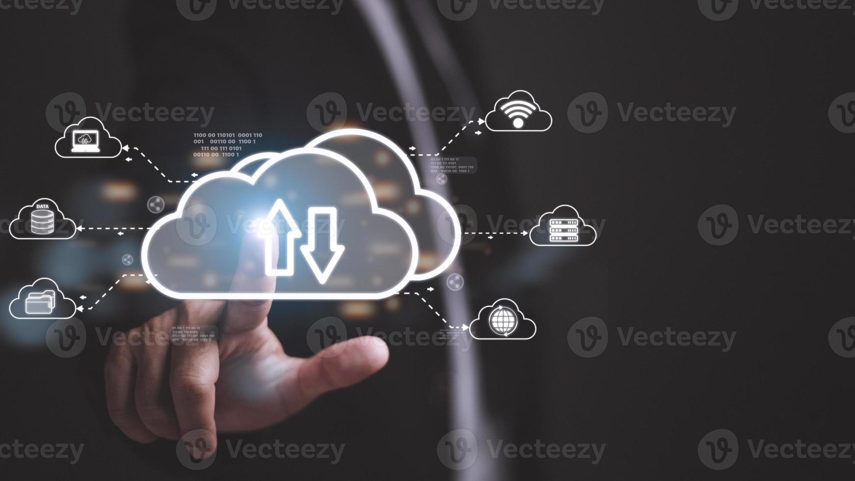 Cloud computing concept - connect to cloud. Businessman or information technologist click on cloud computing icon. photo
