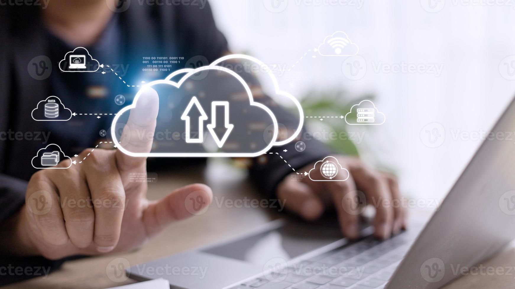 Cloud computing concept - connect to cloud. Businessman or information technologist click on cloud computing icon. photo