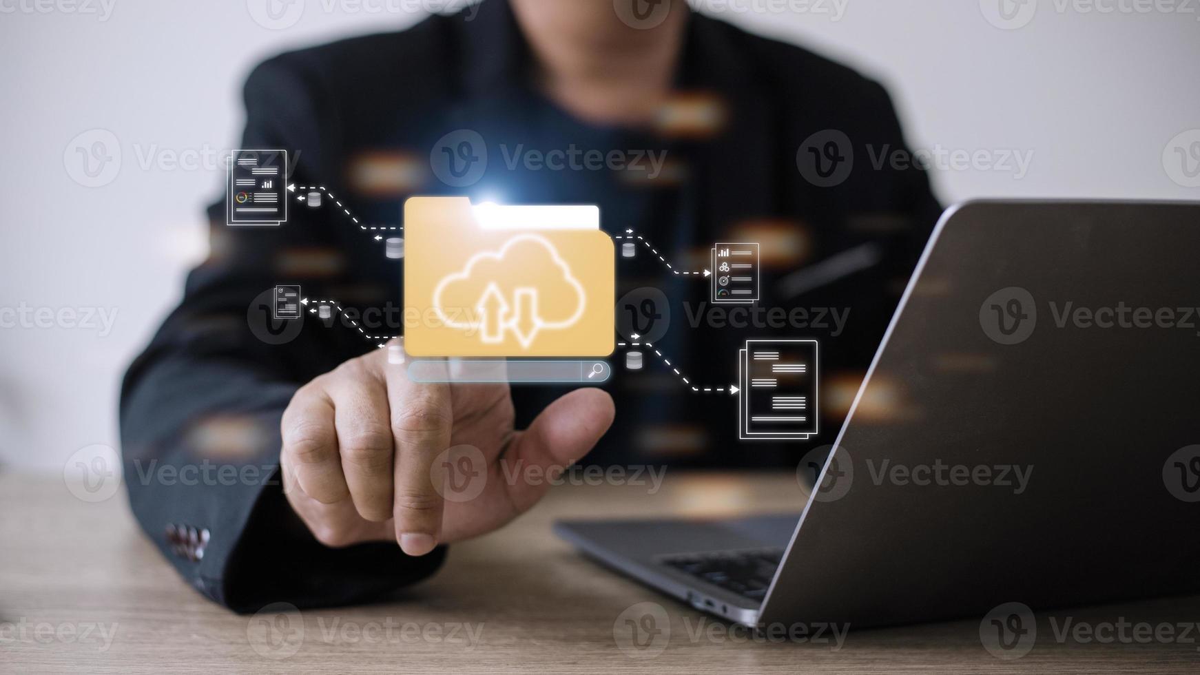 Uploading documents from folder. Open File folder with flying blank documents. Data transfer backup, File Sharing, Document Transferring concept photo