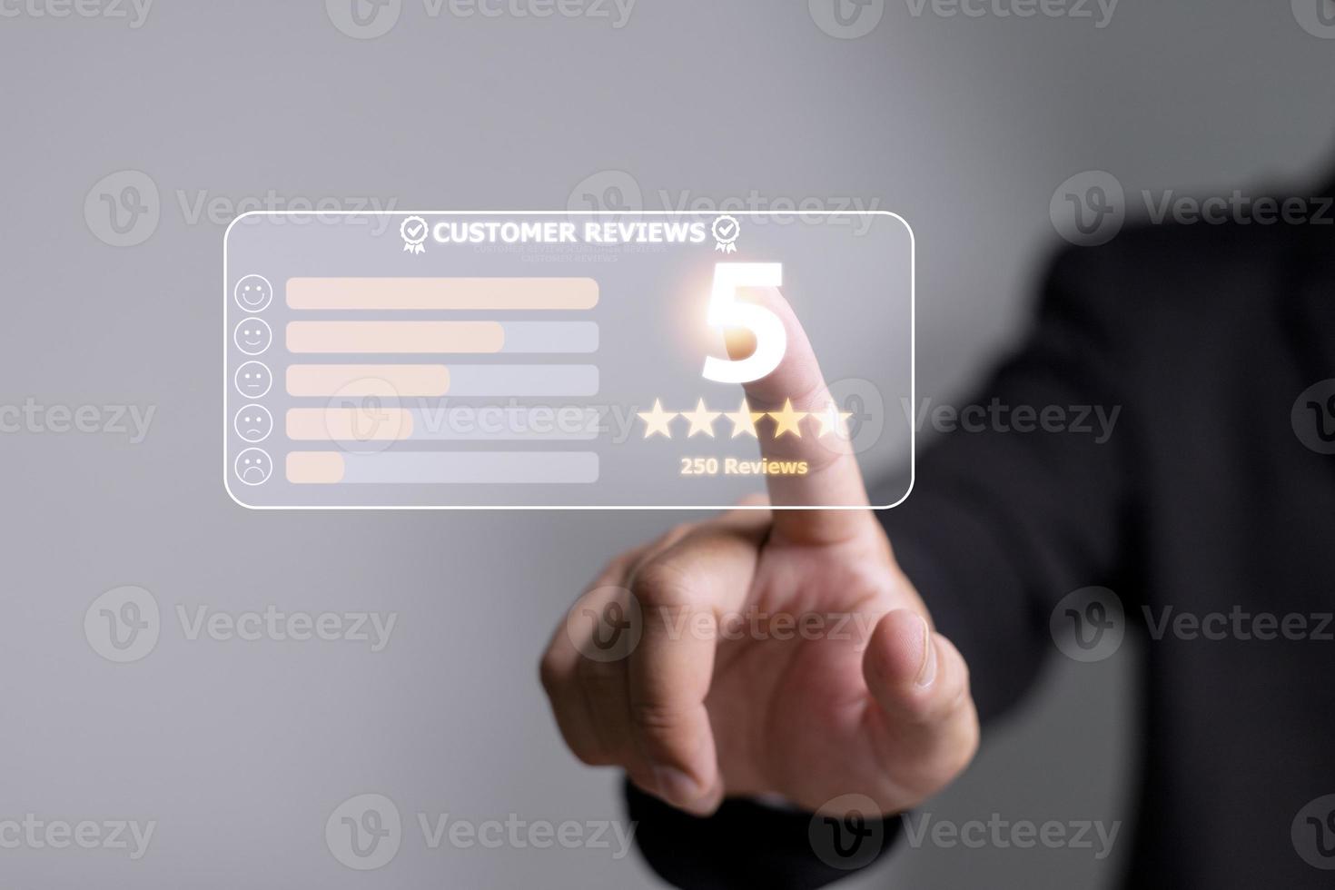 Customer review good rating concept, customer review by five star feedback, positive customer feedback testimonial. photo