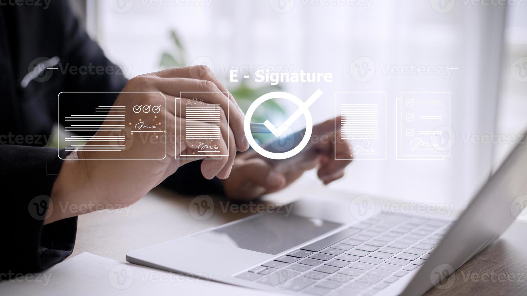 Online business contract Electronic signature, e-signing, digital document management, paperless office, signing business contract concept. photo
