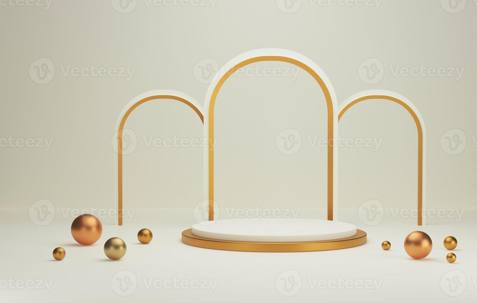 Elegant cylindrical white plinth and geometric round objects on abstract white background. 3d illustration, 3d rendering photo