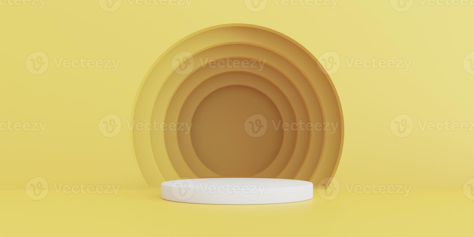 3D Render. Abstract yellow composition on podium. Minimal Studio with round stand and copy space. Futuristic interior background for landing page, showcase, Product presentation. photo