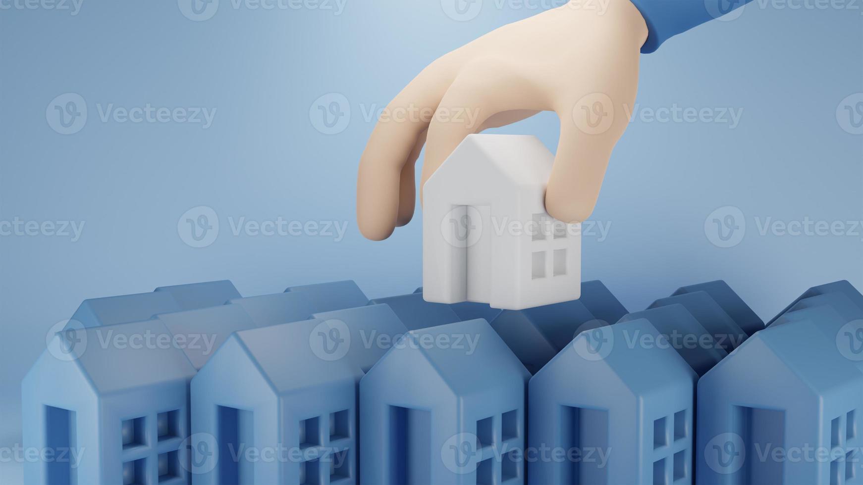 3d render.The man used his hand to pick up the white model house from the model house archives. The concept of choosing a home investment. photo