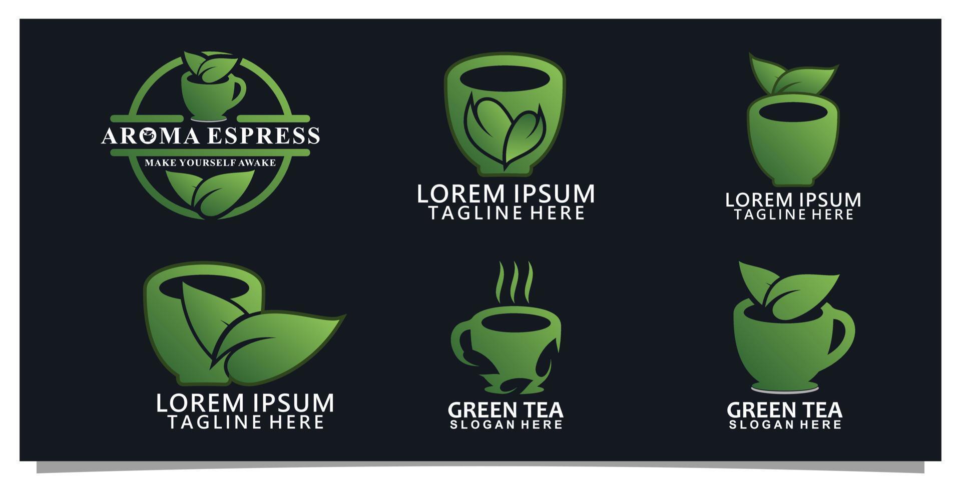 Set green tea logo design with simple concept Premium Vector