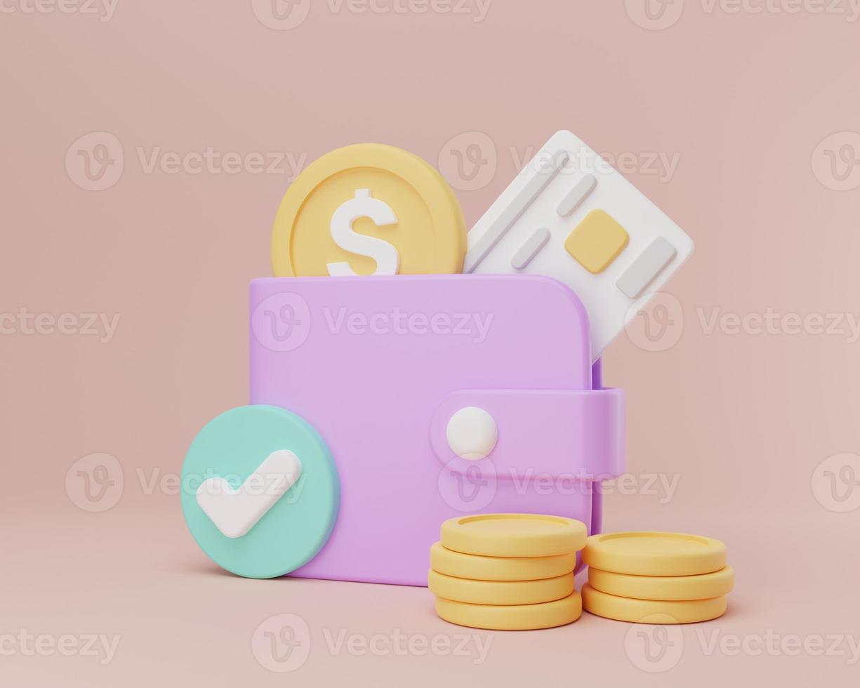 3D rendering illustration Cartoon minimal wallet with coins. saving money concept, Online payment service, business financial concept, Transfer and Currency exchange online photo