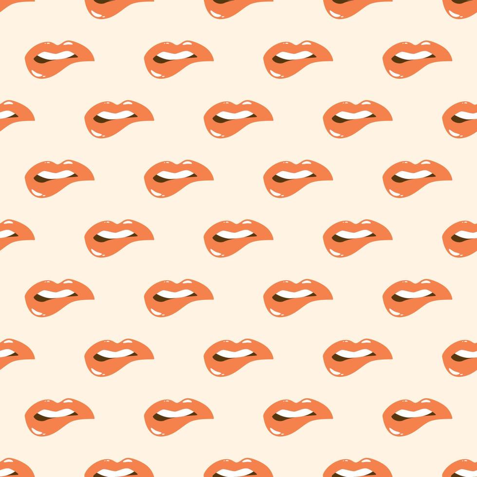 French woman lips and kisses seamless pattern for Valentines day design. Pink open lips with teeth, pink romantic lipstick mouth repeat background for celebration Valentine, date vector illustration.