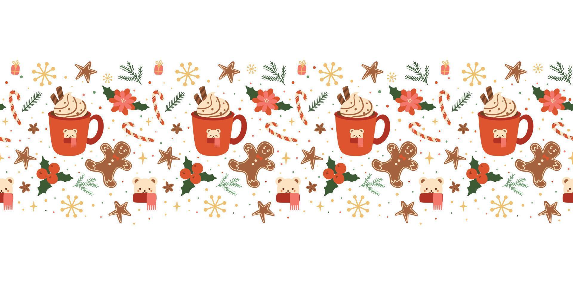 Christmas hot drink, gingerbreads seamless horizontal border with red cup, mug, coffee, cacao, tea, Christmas hot beverage. Vector winter season repeat frame. Cute Christmas New Year illustration.