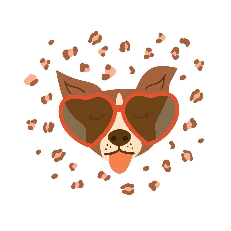Valentines day dog wear sunglasses romantic element isolated hand drawn vector illustration. Leopards skin spots decorated funny puppy face. Dog face for lovely card, prints, greeting design
