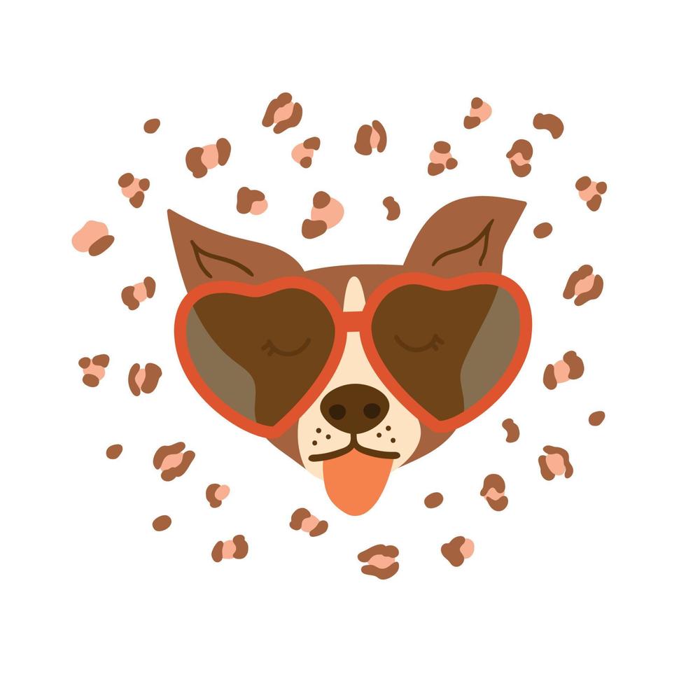 el perro del día de san valentín usa gafas de sol elemento romántico aislado ilustración vectorial dibujada a mano. manchas de piel de leopardo decoradas cara de cachorro divertido. cara de perro para tarjeta encantadora, huellas, diseño de saludo vector