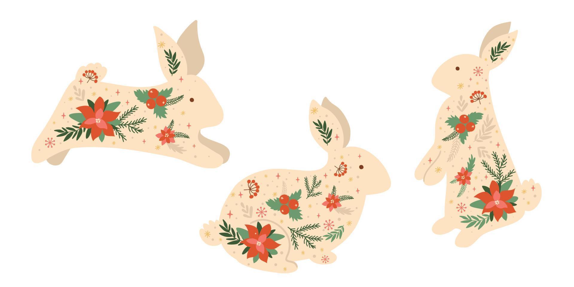 Christmas white rabbit 2023 set. Floral new year rabbit symbol 2023 year. Floral hare Merry Christmas collection. Hand drawn winter rabbit isolated graphic elements. Funny rabbit vector illustration