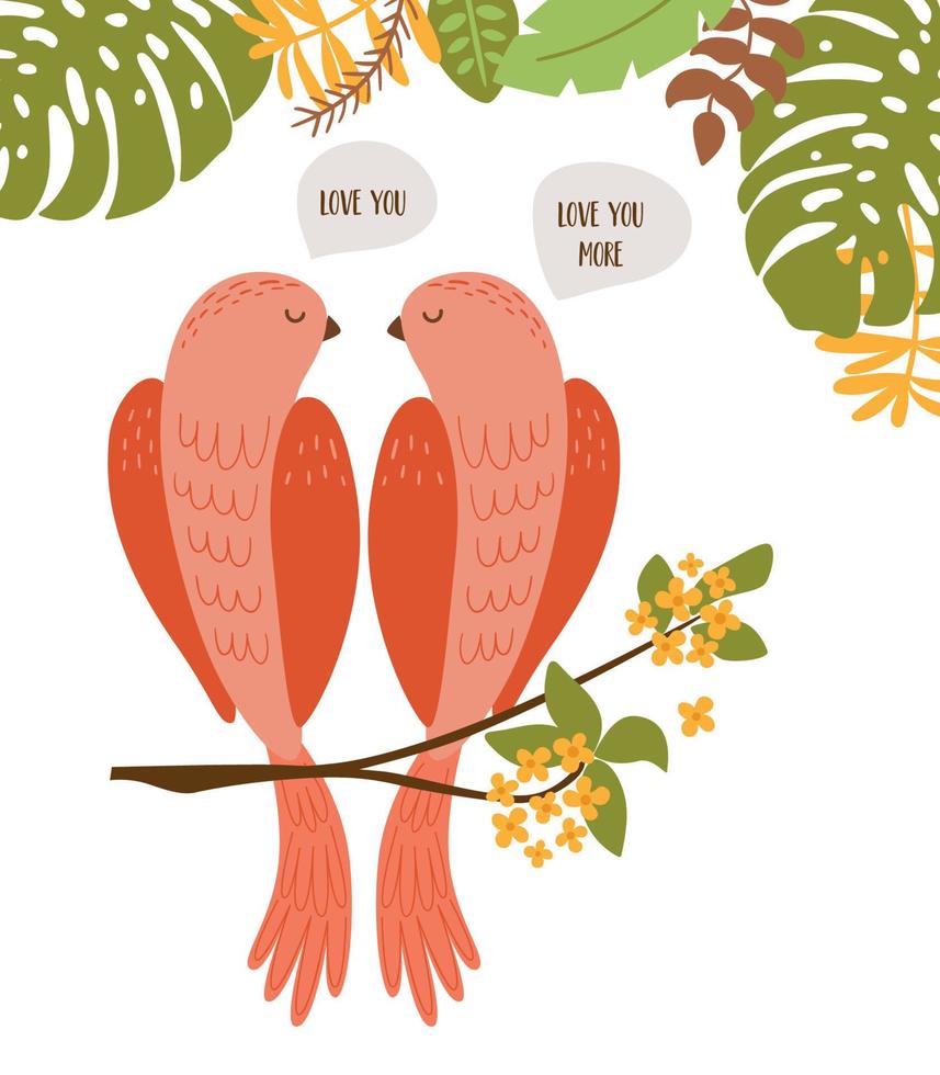 Valentines day birds couple into the jungle with text Love you isolated elements. Romantic tropical birds, parrots are great for St. Valentines day greeting. Vector illustration of pink couple birds