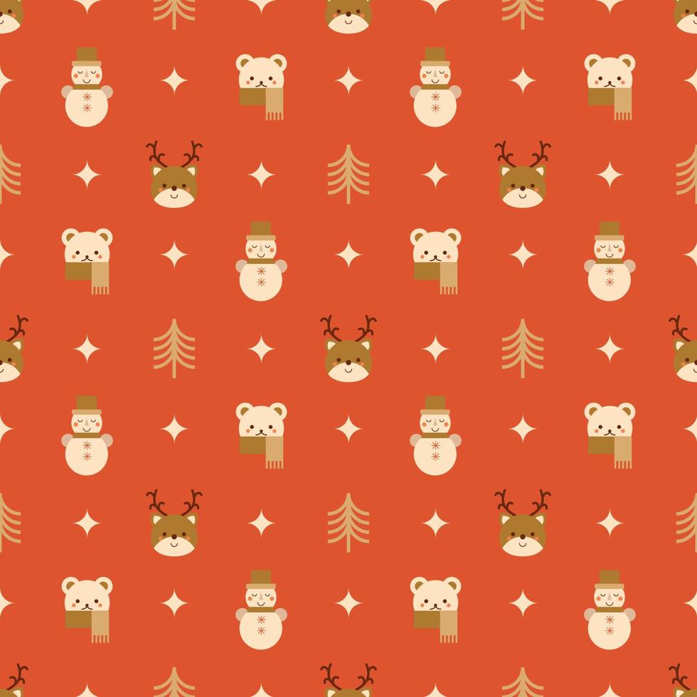Red Christmas seamless pattern decorative deer, snowman, polar bear, Christmas tree, star. Cute kids winter holiday repeat background, wallpaper, print, fabric, surface. New Yer vector illustration.