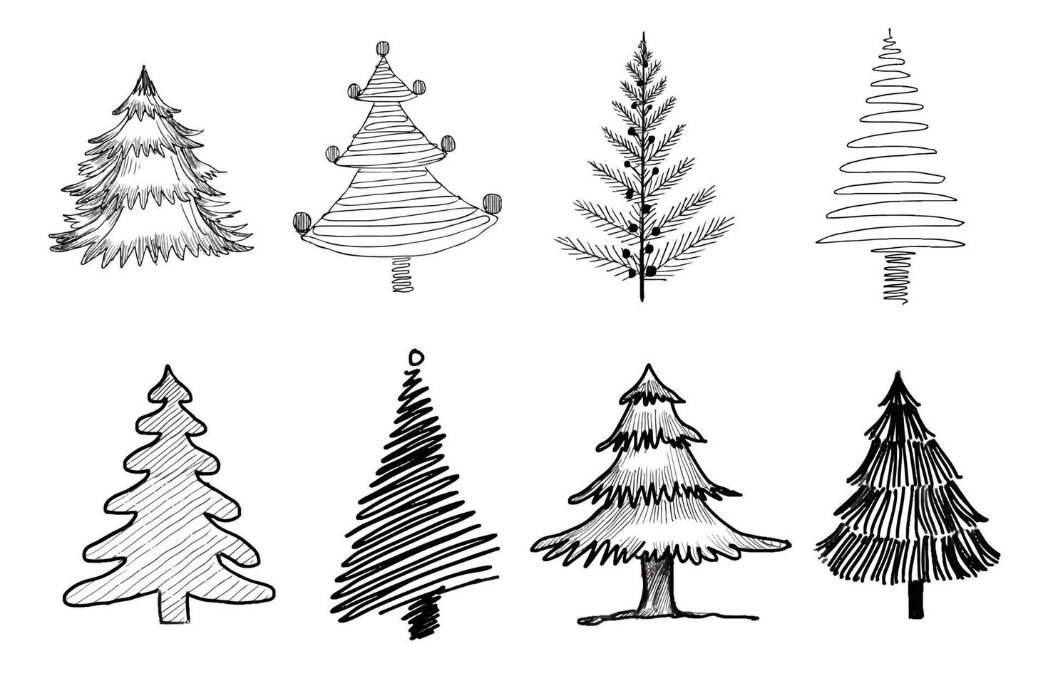 dibujar a mano elementos decorativos de navidad árbol boceto conjunto diseño vector