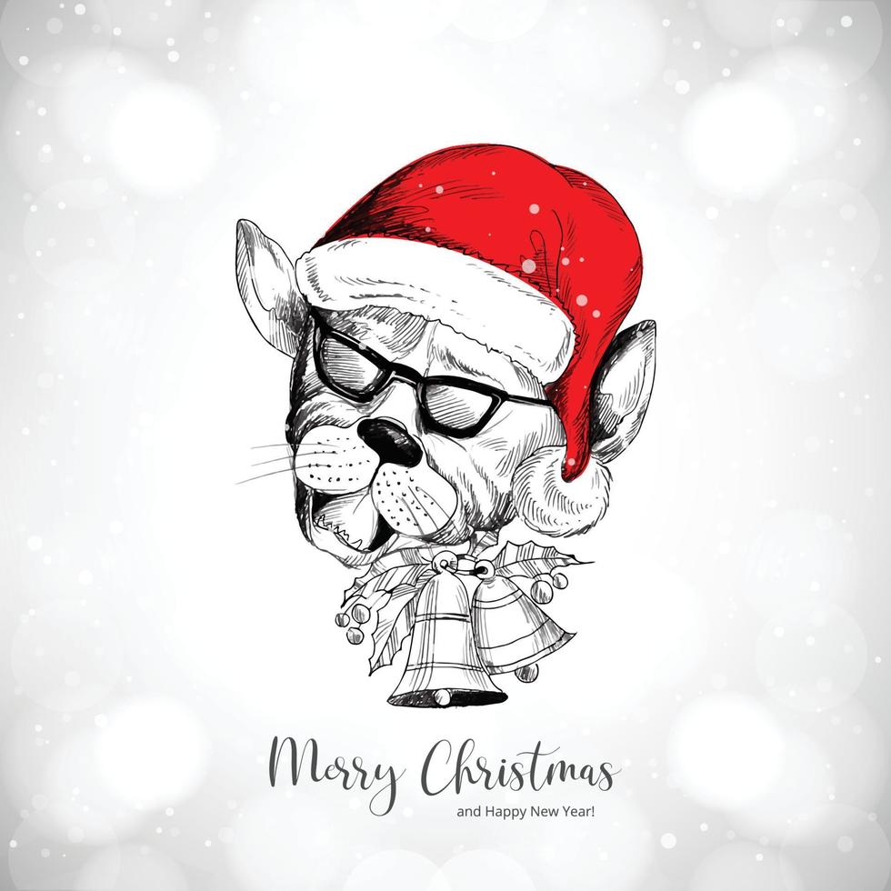 Hand draw christmas dog face with santa cap sketch on white background vector