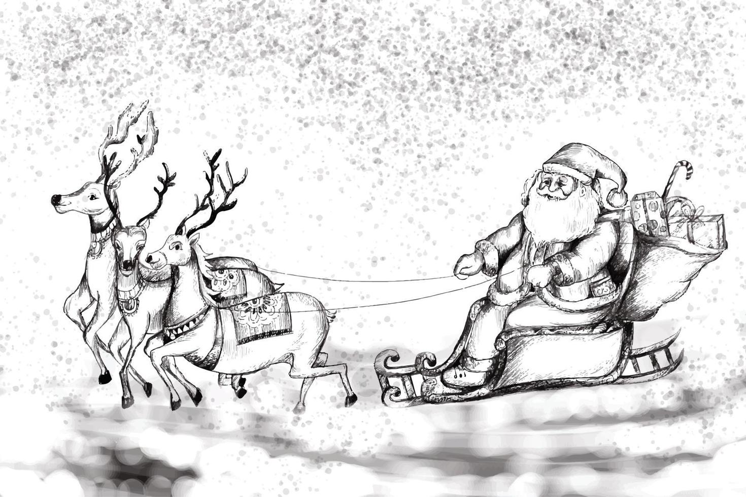 Merry christmas with santa claus reindeers sketch card background vector