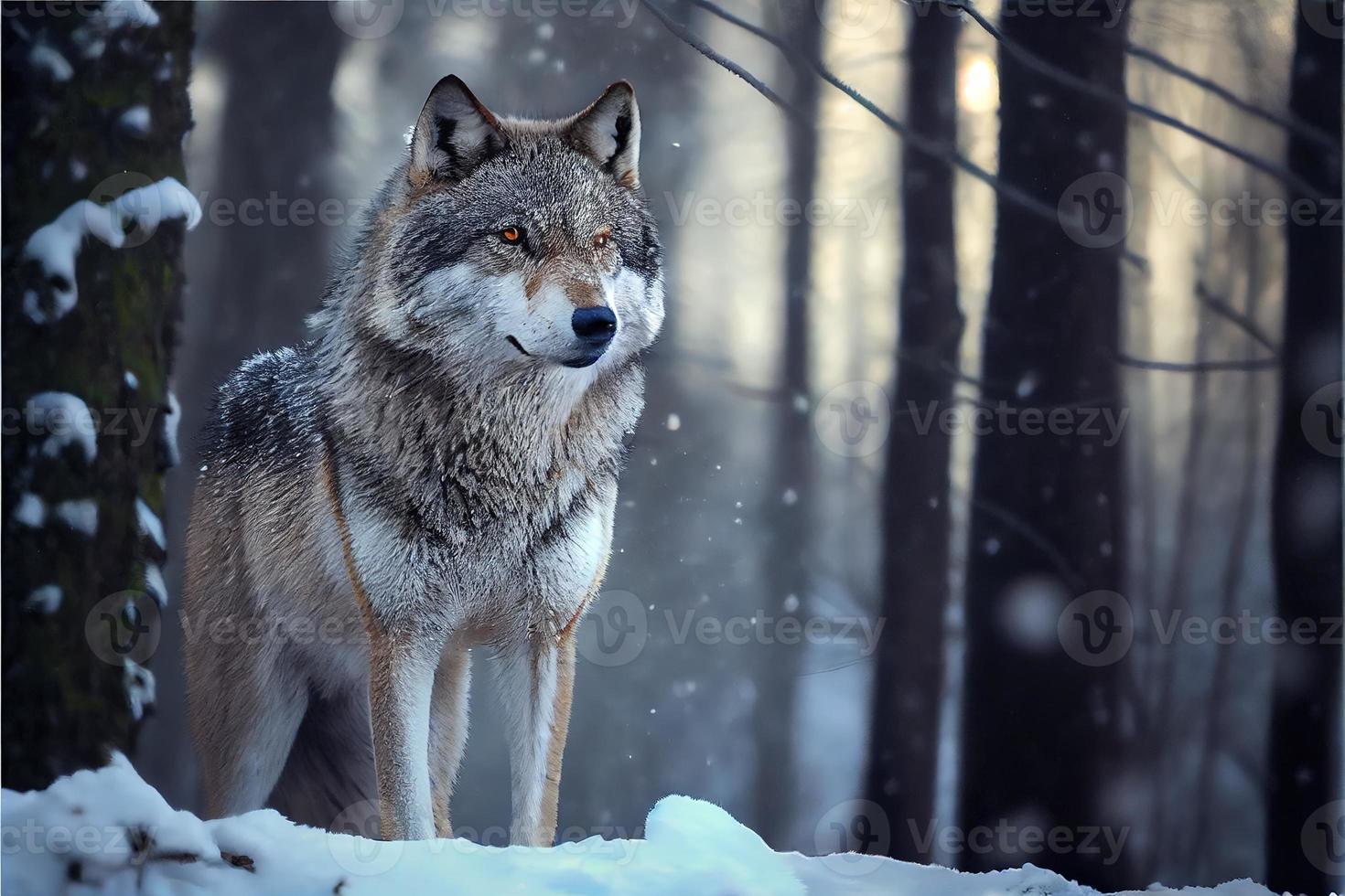 Eurasian wolf in white winter habitat beautiful winter forest photo