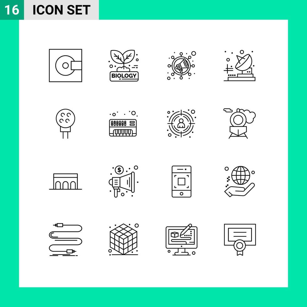grupo universal de símbolos de iconos de 16 contornos modernos de elementos de diseño de vectores editables virales de naturaleza de transmisor de bolas de telecomunicaciones